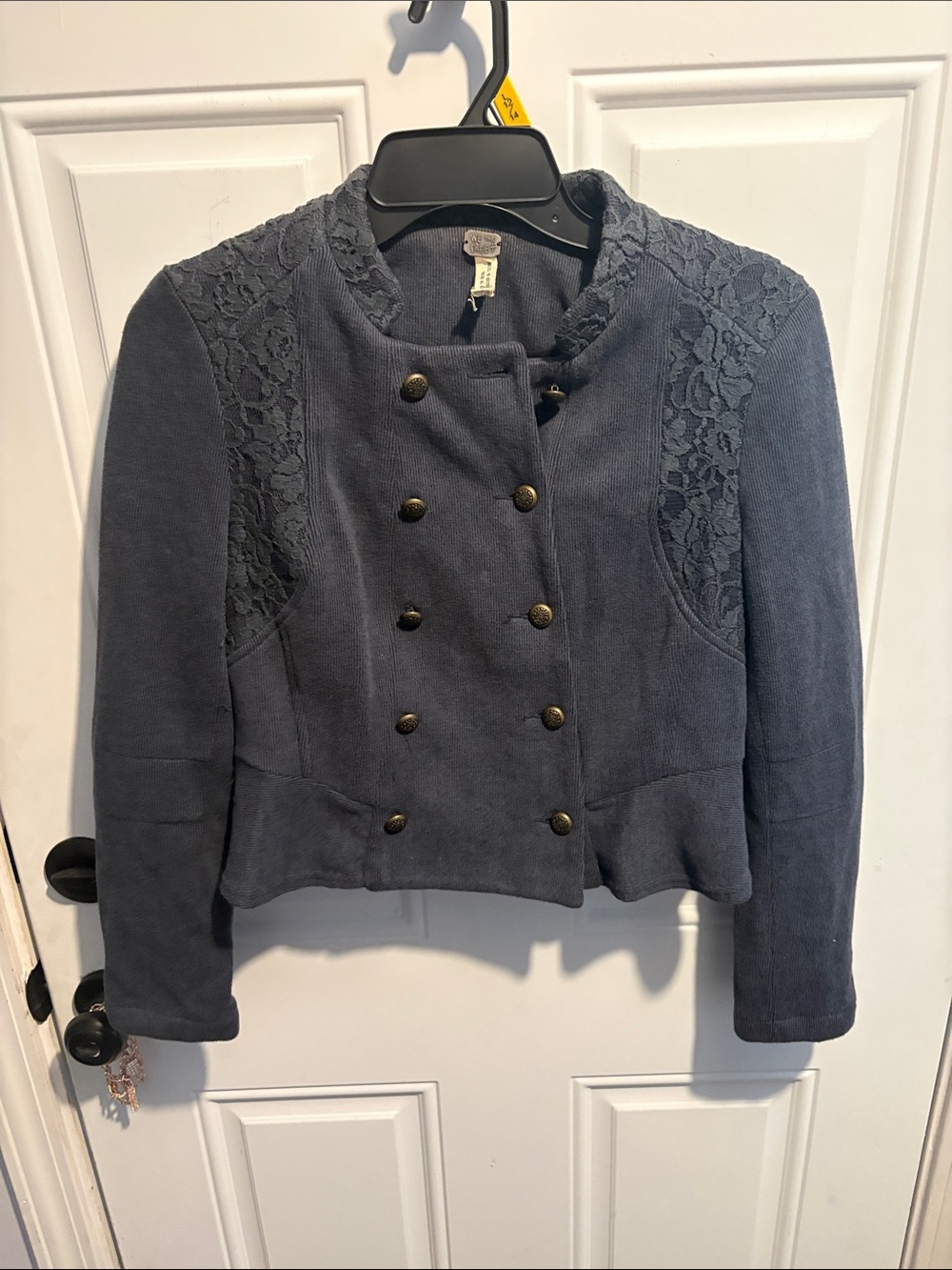 We The Free Navy Lace-Shoulder Double-Breasted Blazer